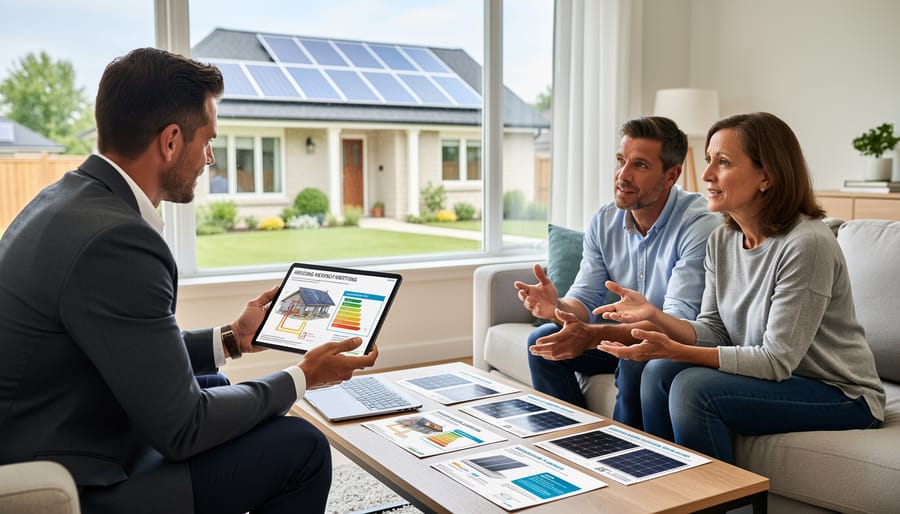 Homeowner consulting with solar pool heating installer about system specifications