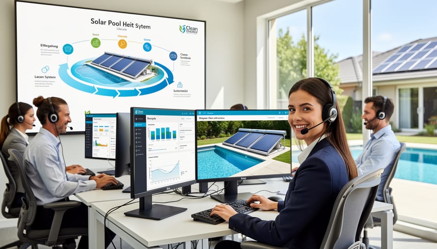 Customer service representative providing technical support for solar pool heating systems