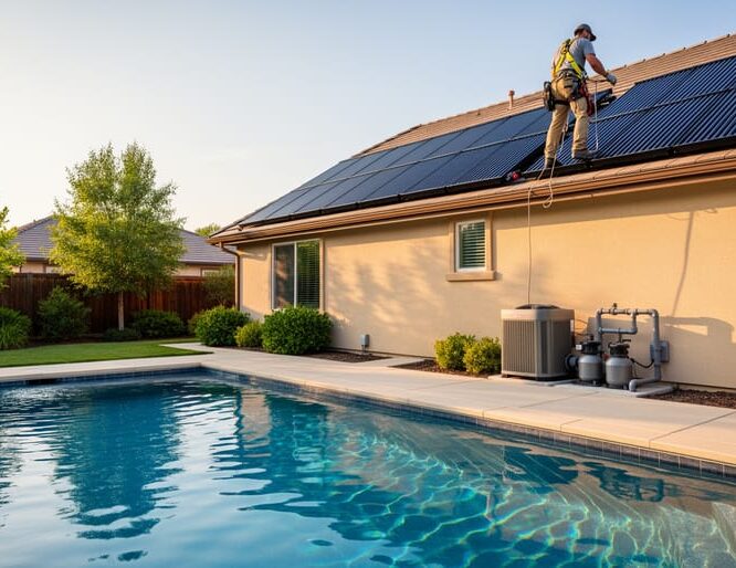 Technician wearing safety gear inspecting roof-mounted solar pool heating collectors above a backyard swimming pool at a suburban home during golden hour.