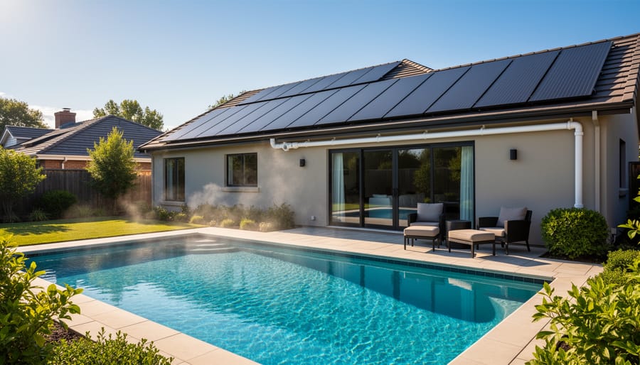 Solar pool heating system installed beside residential swimming pool