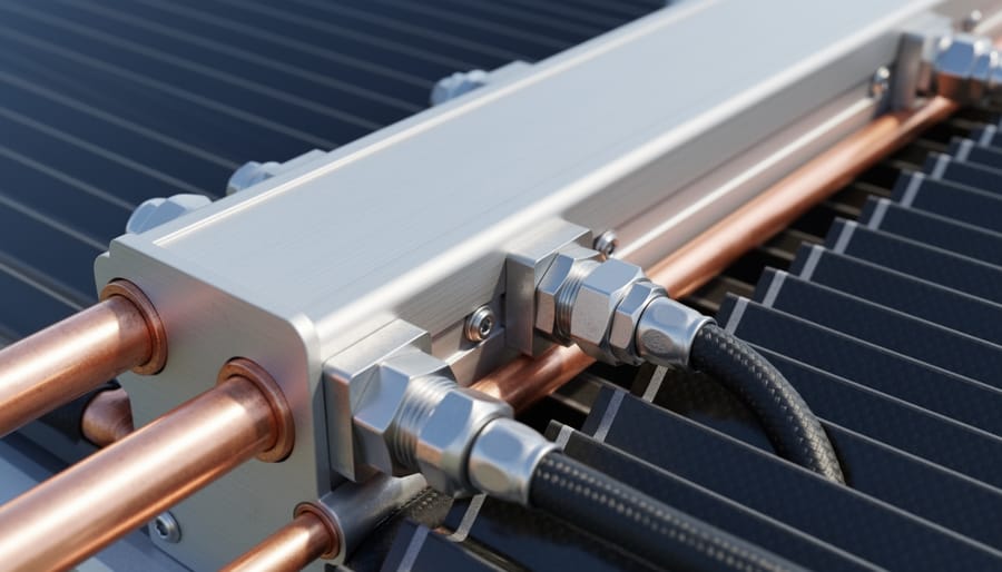 Close-up of solar pool heating collector tubes with water reflecting sunlight