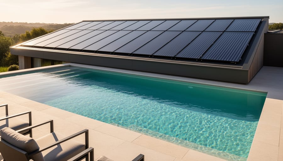 Homeowner and solar collectors installed above a residential swimming pool in bright daylight
