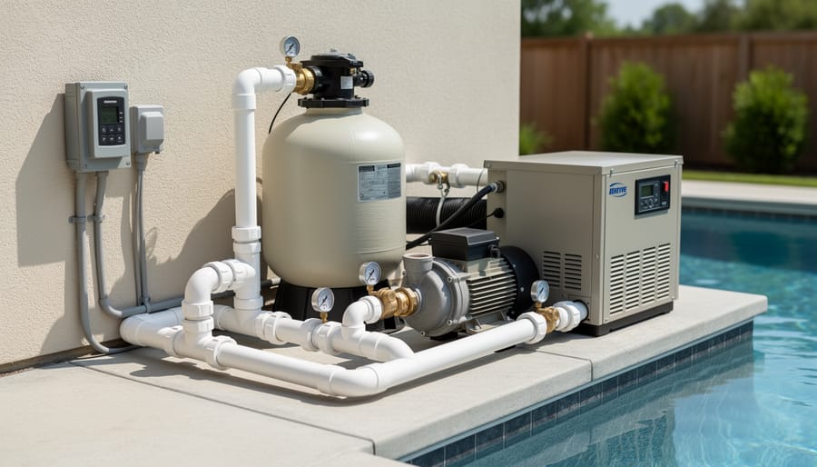 Outdoor pool pump and filtration equipment near an in-ground pool during golden hour
