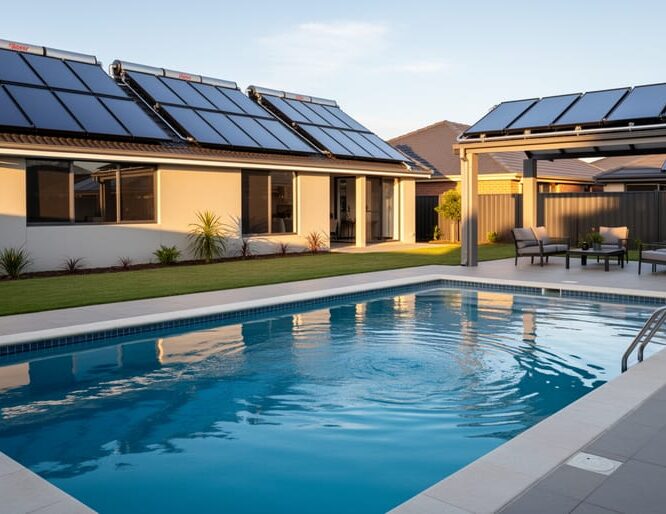 “Sunlit residential swimming pool with rooftop solar thermal collectors installed above the pool area.”