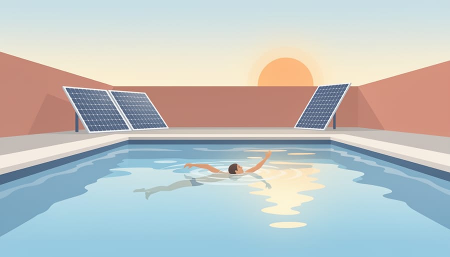 Warm sunlight reflecting on a calm swimming pool with distant solar collectors in the background