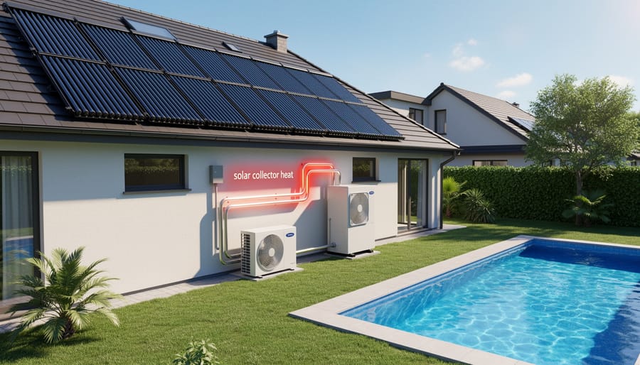 Backyard swimming pool with a visible solar thermal collector on the roof and sunlight reflecting on the water.
