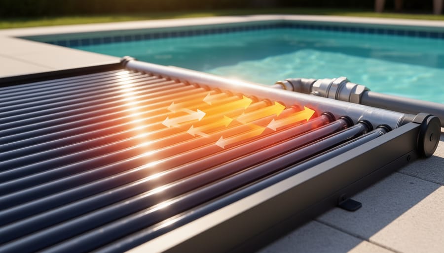 Close-up of sunlit solar collector tubes with reflections and condensation on nearby fittings.