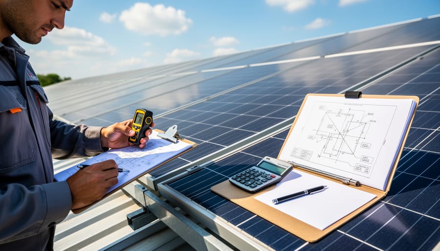 Person holding a phone and tablet next to a solar pool heating equipment pad and solar collector hardware.