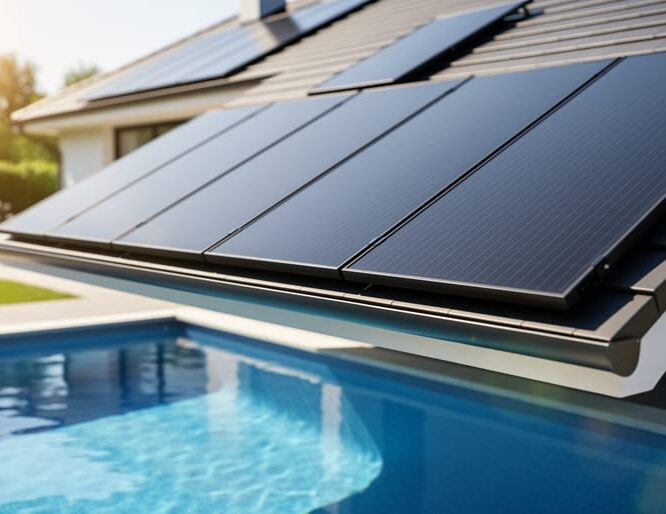 Dark solar collector panels on a residential roof heating a backyard swimming pool in bright sunlight.
