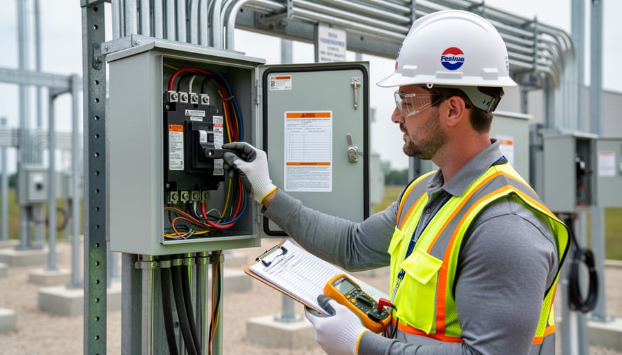 A homeowner and electrician inspecting an outdoor solar pool disconnect and conduit near a pool equipment pad