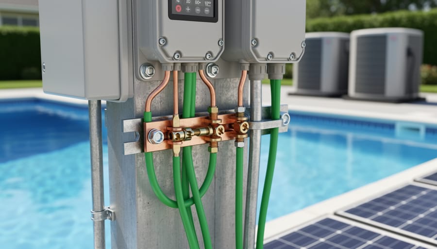 Grounded outdoor solar pool wiring and bonding connections at a pump or control housing