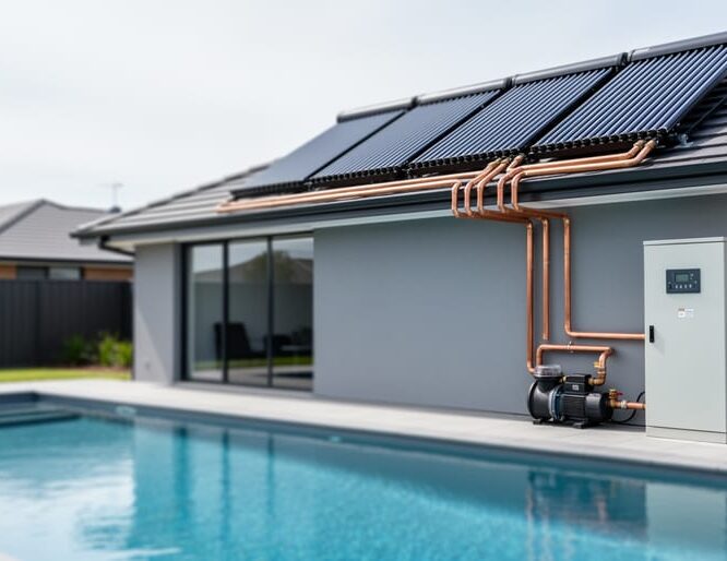 Roof-mounted solar thermal pool collector with copper plumbing connections near a residential pool pump and controller area in daylight
