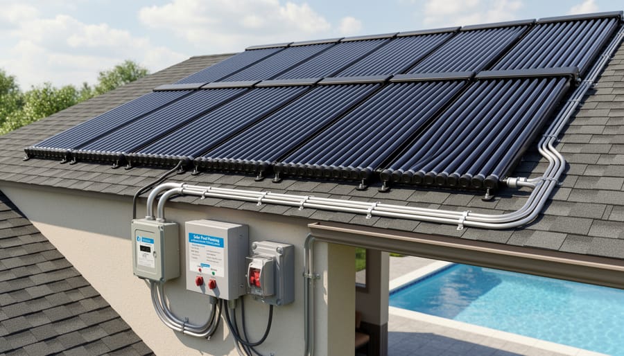 Residential solar pool thermal collector array on a roof with adjacent electrical junction hardware
