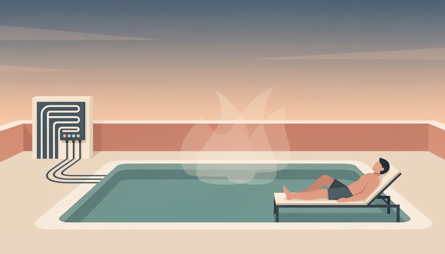 Relaxing poolside scene at dusk with solar pool heating equipment nearby