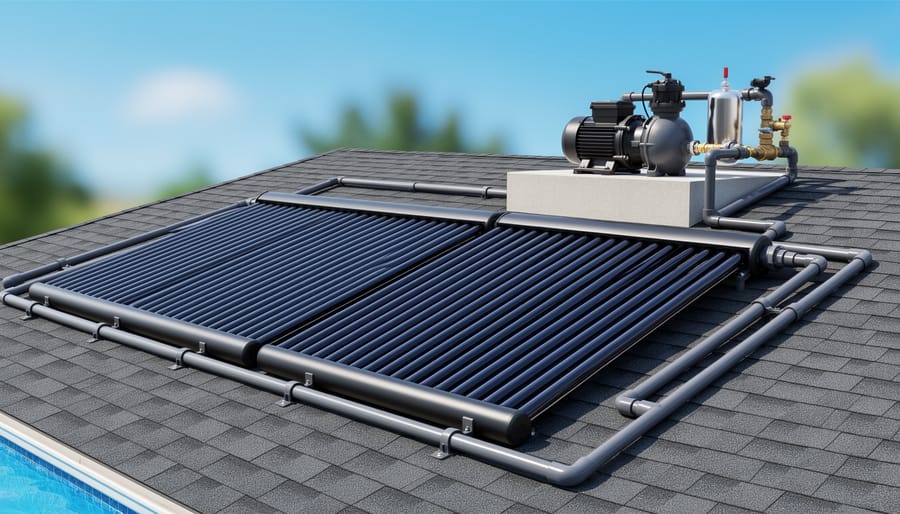 Residential roof-mounted solar pool heating system with neatly routed connections