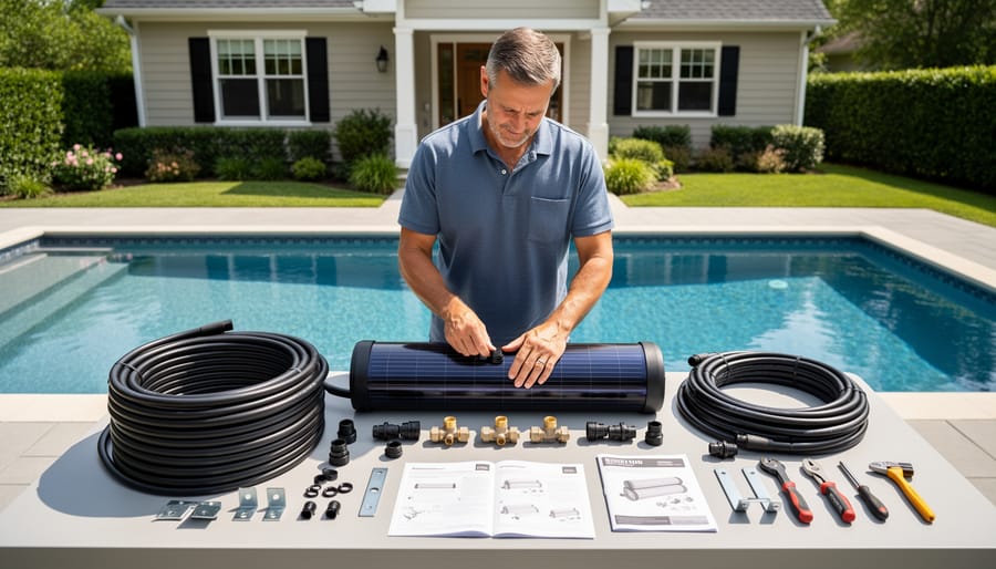 Homeowner arranging and preparing solar pool heater installation hardware on a patio near a pool