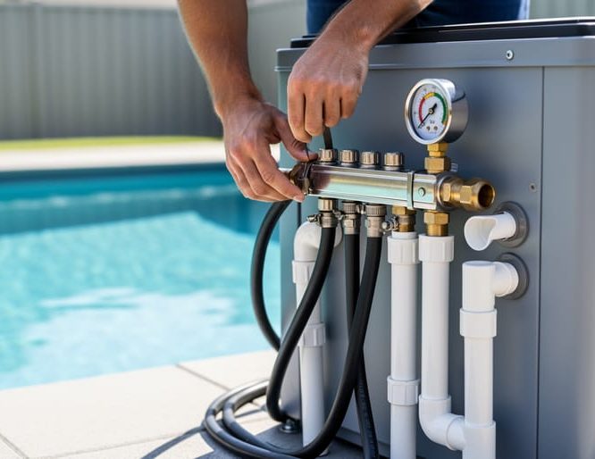 Close-up of hands installing a solar pool heater with pre-assembled hoses and a visible pressure gauge on a residential pool system.