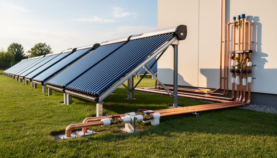 Ground-mounted solar pool collectors with connected plumbing near a swimming pool
