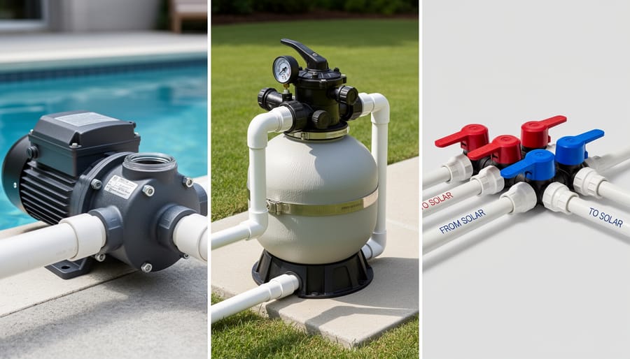Close-up of pool pump, filter housing, and plumbing check valve on a pool equipment pad