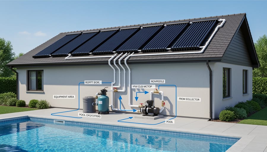Rooftop solar pool collectors with connected plumbing leading toward the pool equipment area