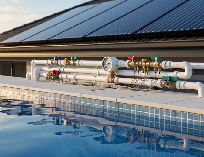 Poolside view of solar pool heating plumbing components, including valves, a pressure gauge, and sensor wiring connected toward roof-mounted solar collectors.