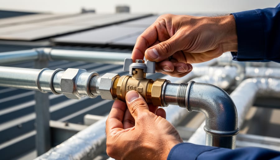 Technician inspecting valve and pipe fittings in a solar pool heating plumbing setup